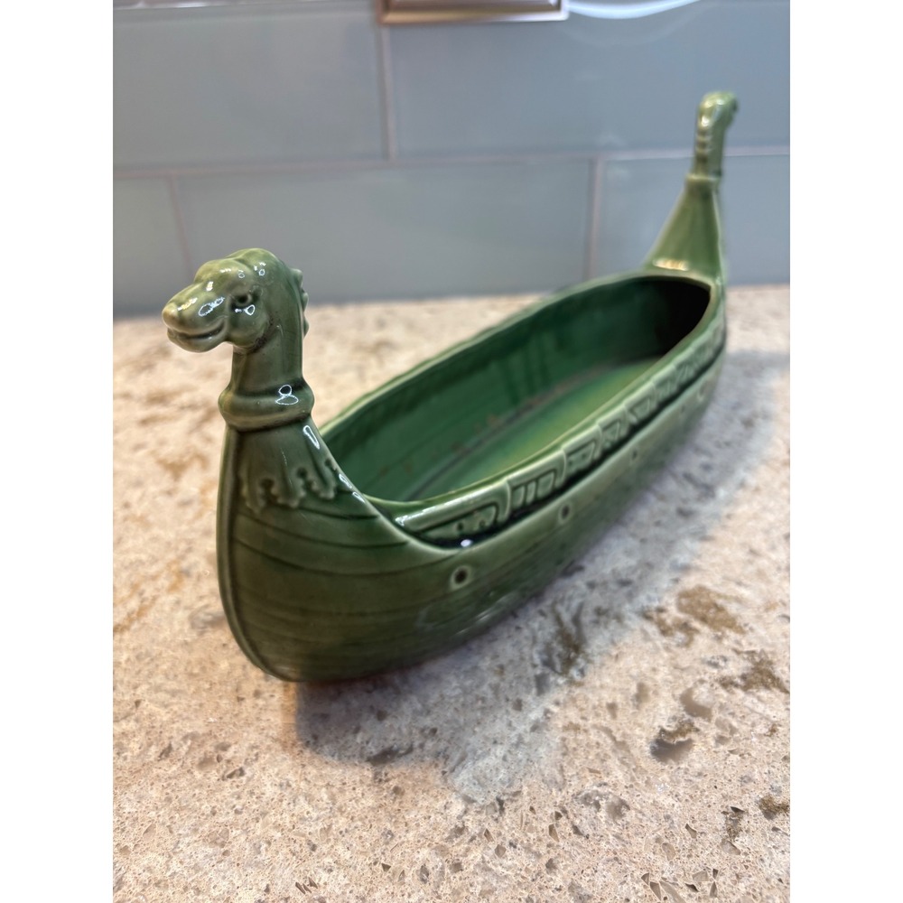 Vintage Green Ceramic Viking Longship Planter Dragon Boat Centerpiece 15 Inch - Picture 2 of 11